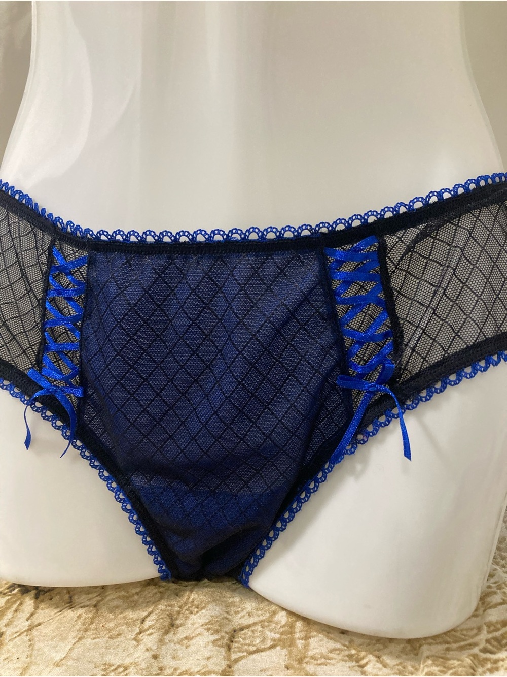 La Vie en Rose Blue Black Lace Up Mesh Bikini Briefs Size Small